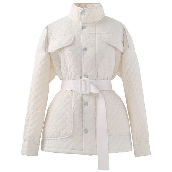 Quilted Jacket coat pocket belt British fashion white button winter outerwear - Picture 12 of 13